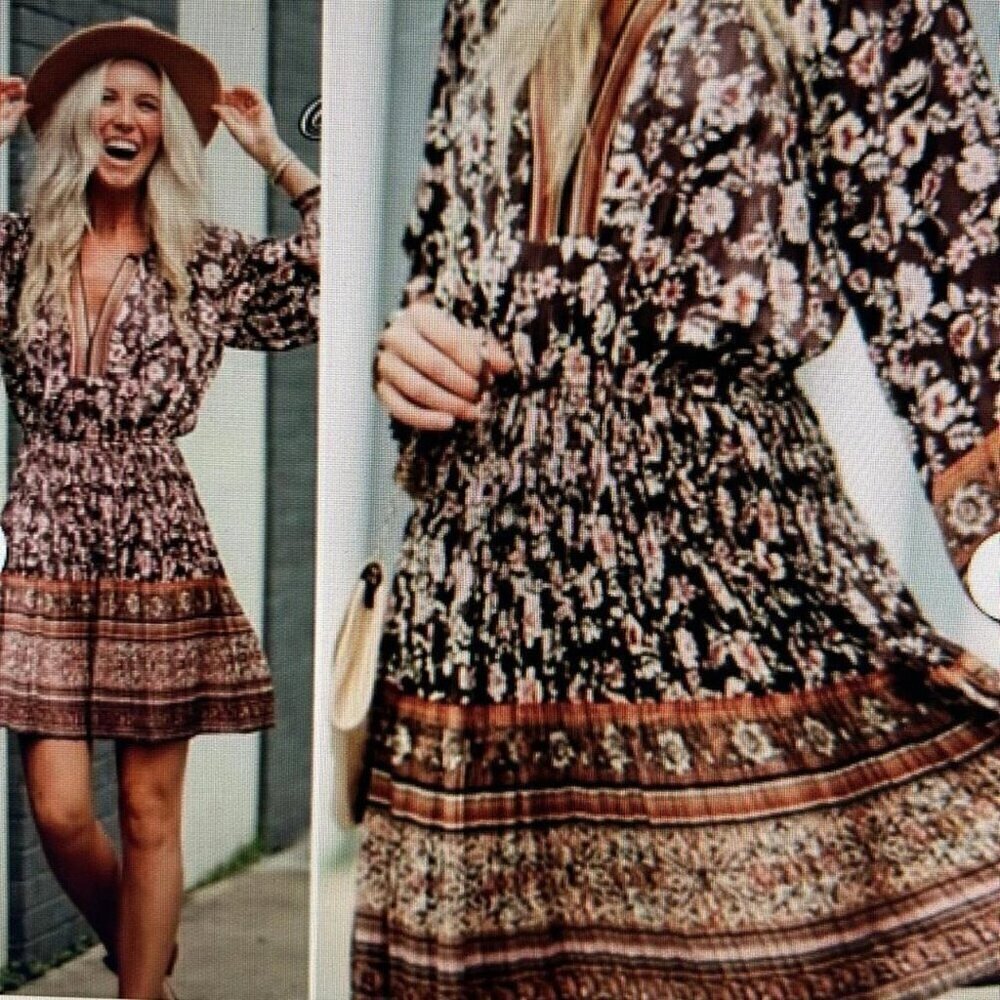 NWT Anthropologie Current Air Alyce Brown Floral Print Pleated Mini Dress XS - Picture 2 of 13